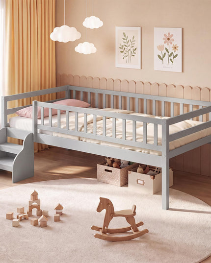 Giantex Low Profile Twin Size Platform Bed Frame with Stairs & Safety Guardrails