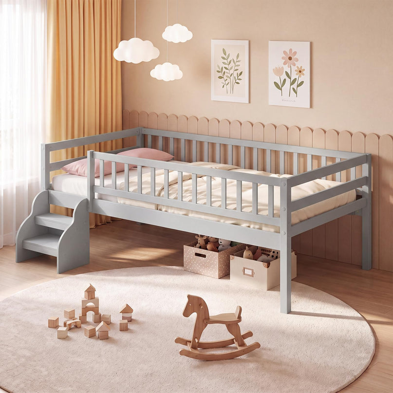 Giantex Low Profile Twin Size Platform Bed Frame with Stairs & Safety Guardrails