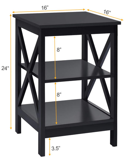 Nightstand 3-Tier X-Design W/Storage Shelves and Stable Structure Storage Organizer Display Sofa Side Table