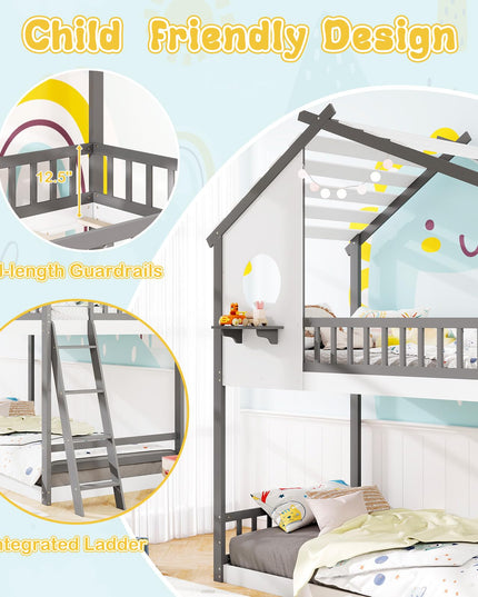 Giantex Solid Wood Floor Bunk Bed with Ladder and Full-Length Guardrails