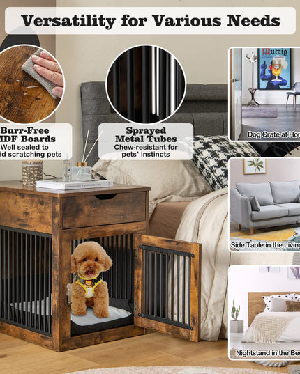 Giantex Dog Crate Furniture, Dog Kennel End Table with Chew-Proof Metal Fence, Lockable Door