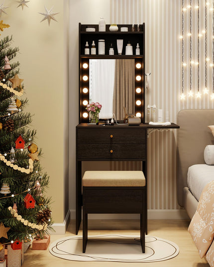 CHARMAID Small Vanity Desk with Mirror and Lights, Makeup Vanity Table with Charging Station, Drawers, Shelves, Foldable Side Table
