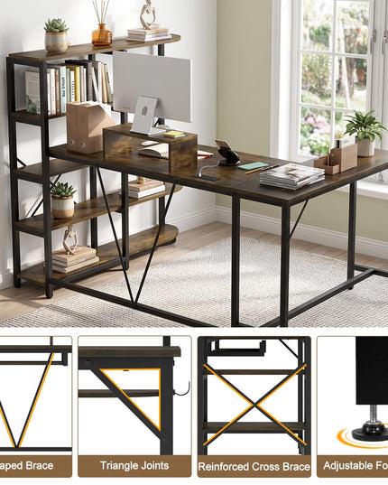 Giantex 63" U-Shaped Computer Desk with 5-Tier Bookshelf