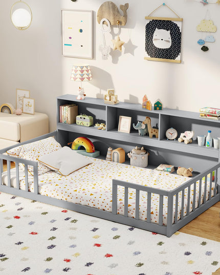 Giantex Twin Floor Bed with Bookcase for Kids