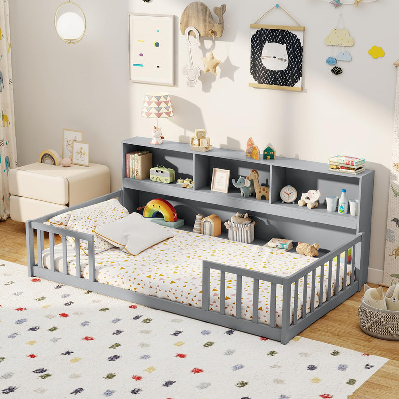 Giantex Twin Floor Bed with Bookcase for Kids