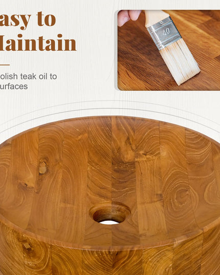 Giantex Teak Wood Vessel Sink - Bathroom Washbasin with Smooth Finish, 2.5” Drain Hole for 1 5/8" Drainage (16” x 16” x 4”)