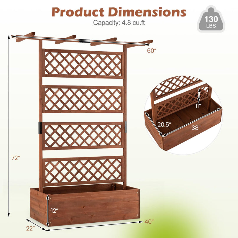 Giantex Raised Garden Bed with Trellis 1/2 Pack 72'' Wooden Planter Box(60"Lx22”Wx 72"H)