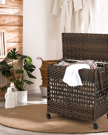 Panier à Linge Giantex avec Roues et Couvercle, Panier à Linge en Osier de 125L (33 Gal), 2 Sacs Intérieurs Amovibles