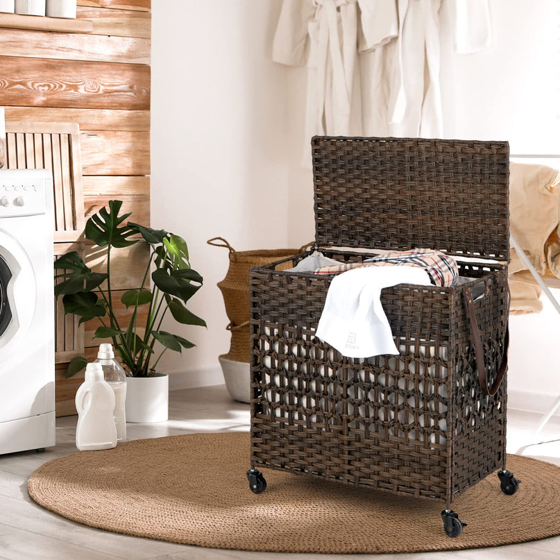 Giantex Laundry Hamper with Wheels and Lid, 33 Gal (125L) Wicker Laundry Basket, 2 Removable Liner Bags
