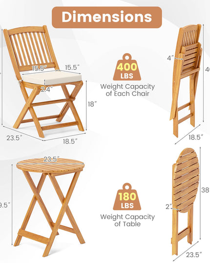 Giantex Patio Bistro Set 3 Pieces, Outdoor Acacia Wood Folding Table & Chairs Set with 2 Padded Cushions