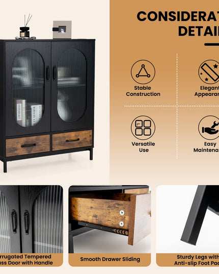 Giantex Buffet Cabinet with 2 Drawers, Wooden Sideboard, Standing 2-Tier Cupboard (Black & Brown)