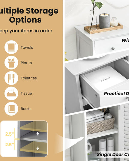 Giantex Bathroom Floor Storage Cabinet - Freestanding Side Cabinet with 1 Door, 1 Drawer & 3-Height Adjustable Shelf