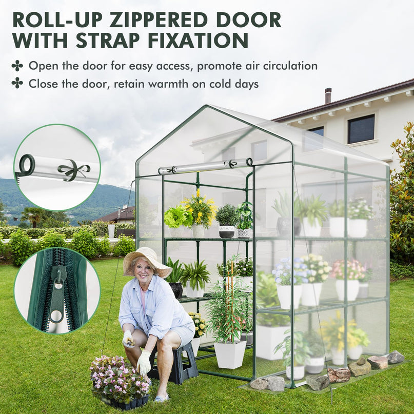 Giantex Walk-in Greenhouse w/ 3 Tiers 4 Shelves, 4 Ground Stakes & Ropes, PVC Cover