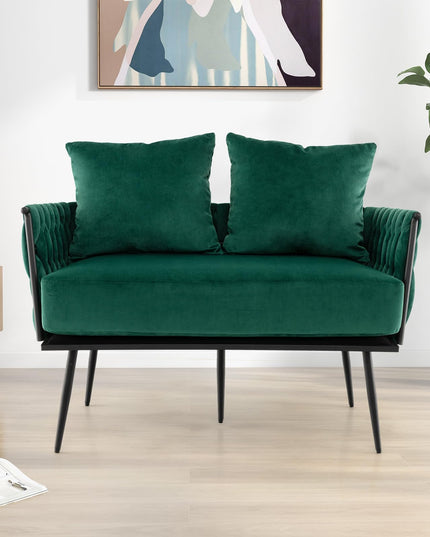 Giantex Loveseat Sofa, Upholstered 2 Seat Sofa Couch with Dutch Velvet, Woven Back and Arms, 2 Pillows
