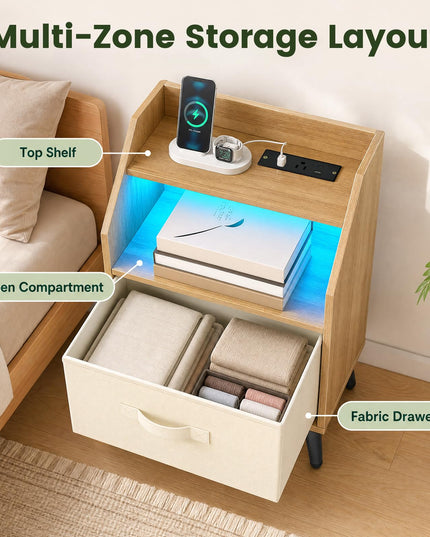 GIANTEX Modern LED Nightstand w/Charging Station & Fabric Drawer