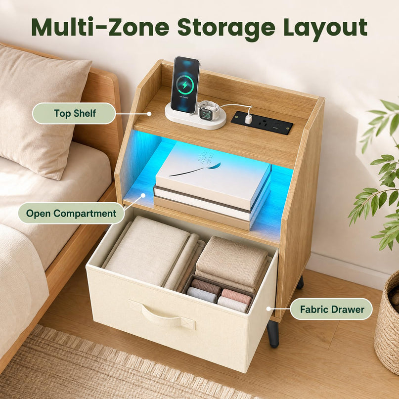 GIANTEX Modern LED Nightstand w/Charging Station & Fabric Drawer