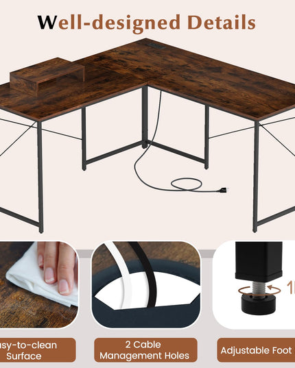 59 Inch Reversible Corner Desk with Power Outlet and USB Ports & Monitor Stand