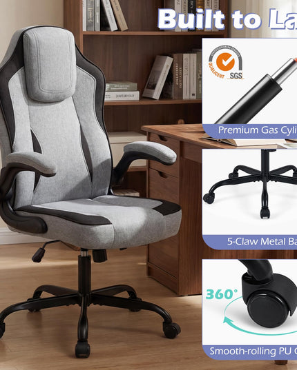 Chaise de bureau ergonomique Giantex | Chaise de bureau en tissu de lin avec accoudoirs relevables à 90°