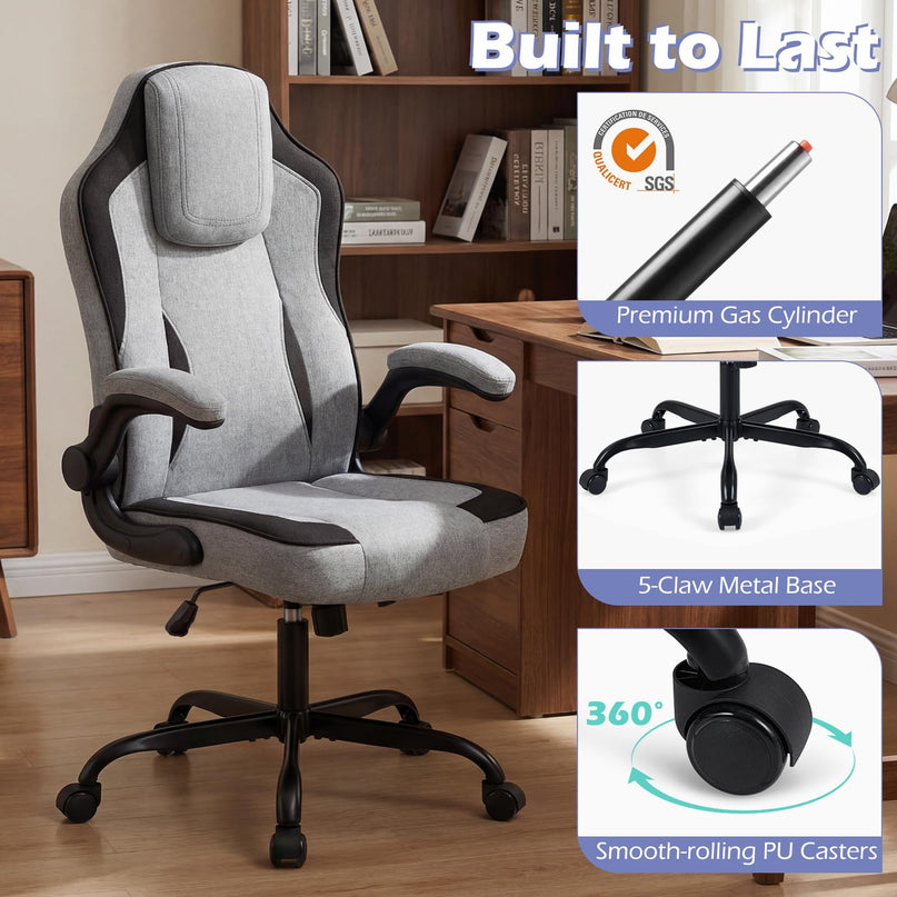 Giantex Ergonomic Office Chair | Linen Fabric Computer Desk Chair with 90° Flip-up Armrests