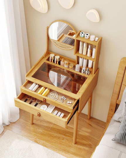 Small Bamboo Vanity Desk with Mirror and Stool for Bedroom Small Spaces