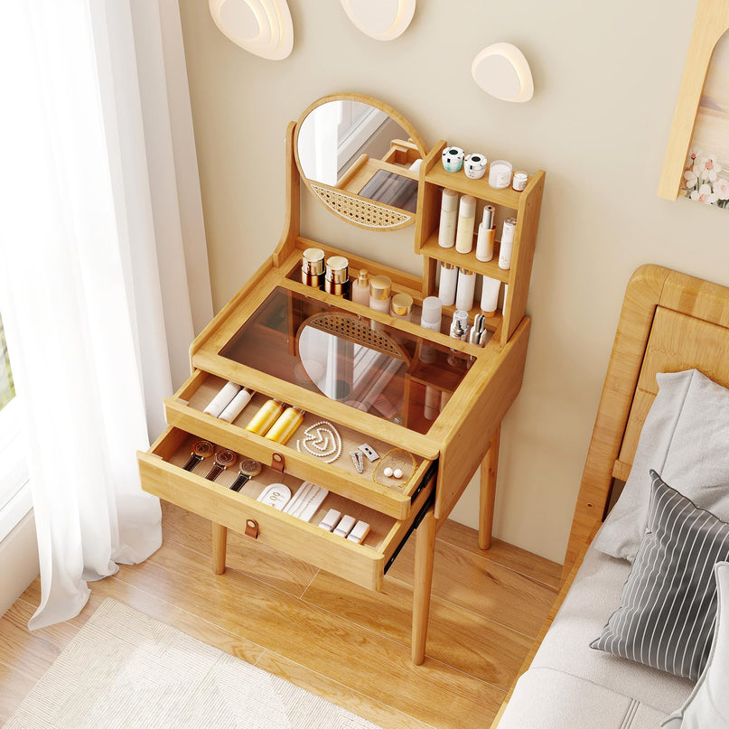 Small Bamboo Vanity Desk with Mirror and Stool for Bedroom Small Spaces