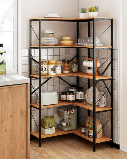 GIANTEX 5-Tier Corner Bookshelf | L-Shaped Large Bookcase with Metal Frame