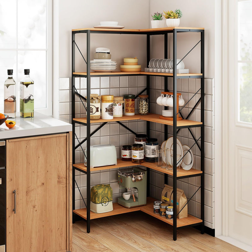 GIANTEX 5-Tier Corner Bookshelf | L-Shaped Large Bookcase with Metal Frame