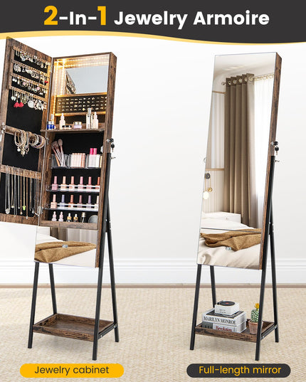 CHARMAID Jewelry Cabinet Armoire with Full Length Mirror, 3-Color Light Strips, Mirrored Tilt out Drawer
