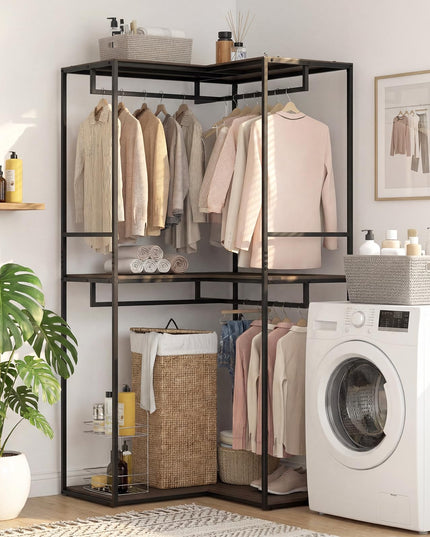 Giantex 3-Tier L-Shaped Garment Rack w/3 Open Shelves & 2 Hanging Racks
