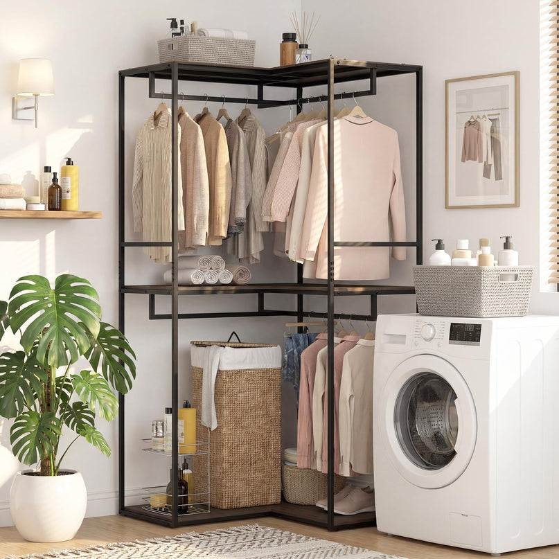 Giantex 3-Tier L-Shaped Garment Rack w/3 Open Shelves & 2 Hanging Racks