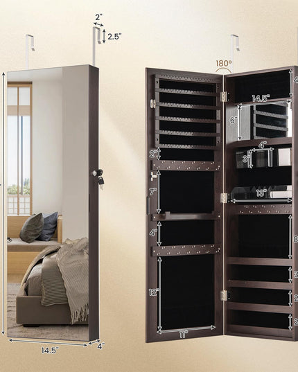 CHARMAID Jewelry Cabinet Wall or Door Mounted, Hanging Lockable Jewelry Armoire Storage with Full Length Mirror