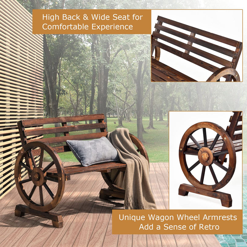 Giantex Outdoor Bench Wooden Wagon Wheel Bench, 2-Person Outdoor Garden Bench