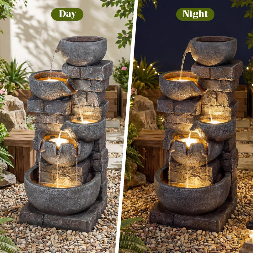 Giantex 5-Tier 33"H Cascading Stacked Stone Bowl Waterfall Fountain with LED Lights & Pump