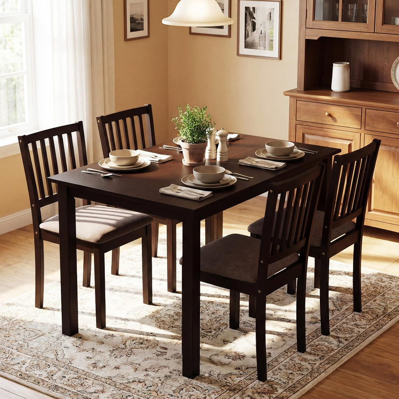 Giantex Rectangular Kitchen Table Set w/4 Upholstered Chairs & Solid Rubber Wood Frame