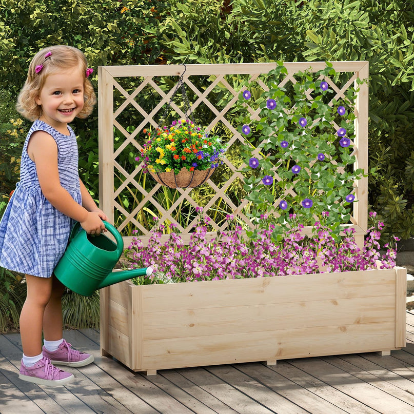 Giantex Wood Elevated Planter Box with Trellis and Drainage Hole (39”x14”x40”)