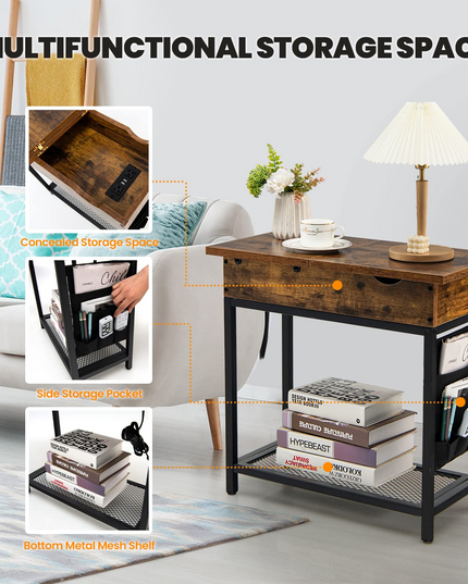 Giantex Set of 2 End Table with Charging Station, Industrial Multifunctional Nightstand