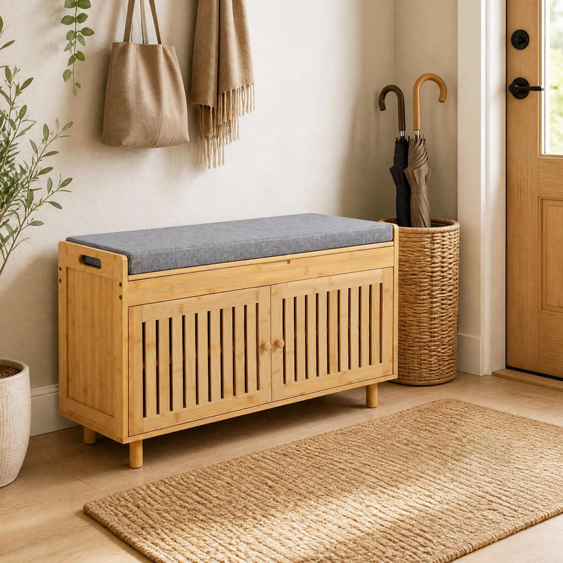 GIANTEX 36" Bamboo Shoe Storage Bench with Lift Top & Cushion