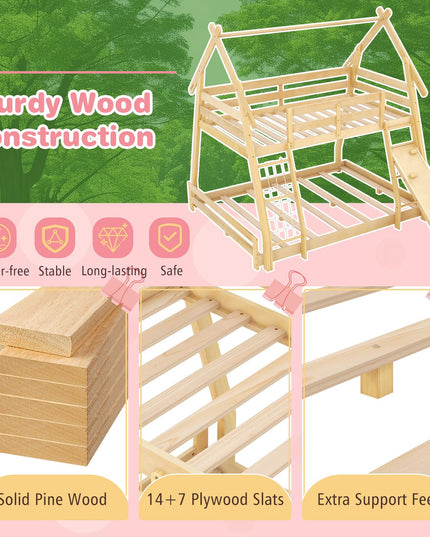 Giantex Twin Over Queen Bunk Bed, Wood House Bunk Bed for Kids with Climbing Nets and Ramp