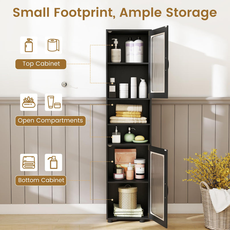 Giantex 67" Tall Narrow Freestanding Bathroom Storage Cabinet with 2 Fluted Doors