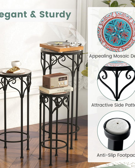 Giantex Metal Plant Stand Set of 3, 28" Mosaic Tall Flower Stand with Ceramic Top
