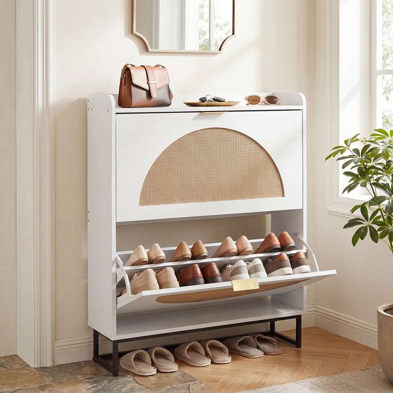 Giantex Faux Rattan Hidden Entryway Shoe Storage Cabinet with 2 Flip Drawers
