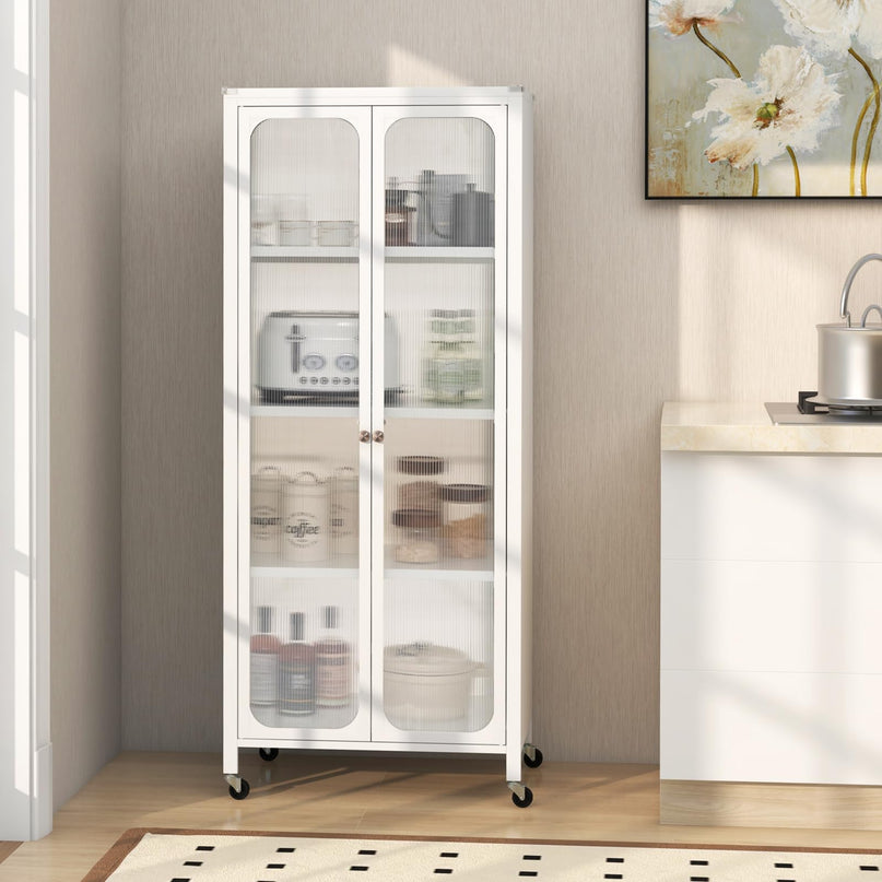 Giantex Bookcase with Doors, 58" Tall 4-Tier Bookshelf with Wheels, Adjustable Shelves (White)