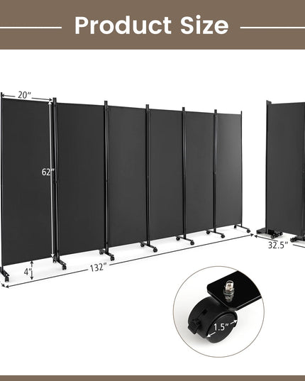 Giantex 6 Panel Room Divider, 132''W x 68''H Large Folding Privacy Screen, Rolling Partition Room Dividers for Home Office Studio Separation