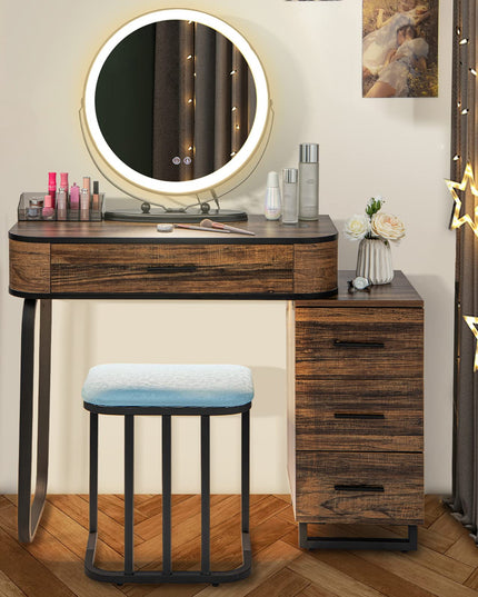 CHARMAID Makeup Vanity Table with Lights, Vanity Desk with 3 Color Lighted Mirror, Rustic Brown