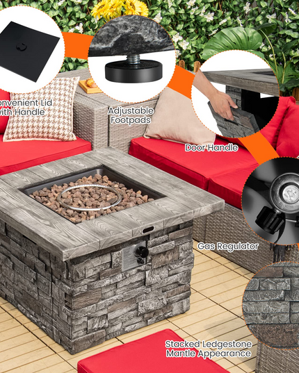 34.5" Propane Gas Fire Pit Table - Patio 2-in-1 Outdoor Square Fire Table W/ Volcanic Rock & PVC Cover