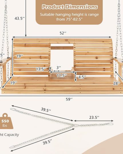 Giantex Outdoor Hanging Porch Swing - 2-Seat Wood Swing Bench
