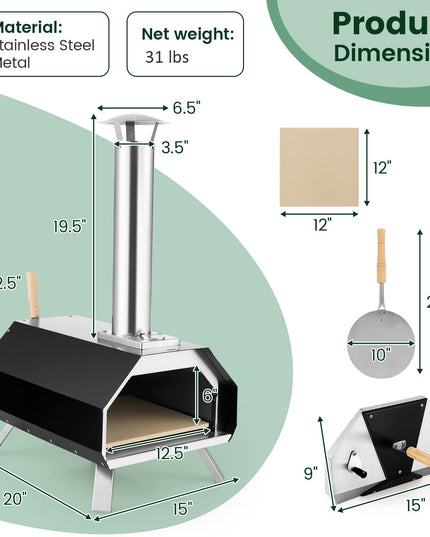 Giantex Outdoor Pizza Oven, Wood Pellet Fired Pizza Grill with 12'' Pizza Stone, Pizza Peel, (Black & Silver)