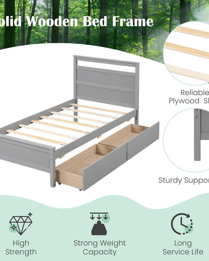 Giantex Wood Twin Bed with 2 Storage Drawers, Solid Wood Platform Bed with Headboard