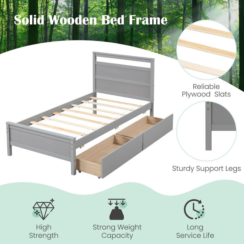 Giantex Wood Twin Bed with 2 Storage Drawers, Solid Wood Platform Bed with Headboard