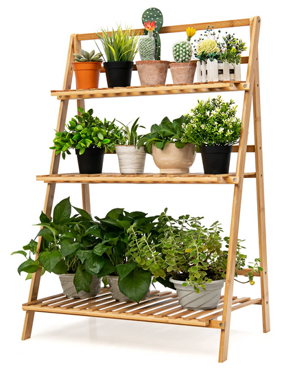 Giantex 3 Tier Folding Storage Shelf, Bamboo Ladder Plant Stand